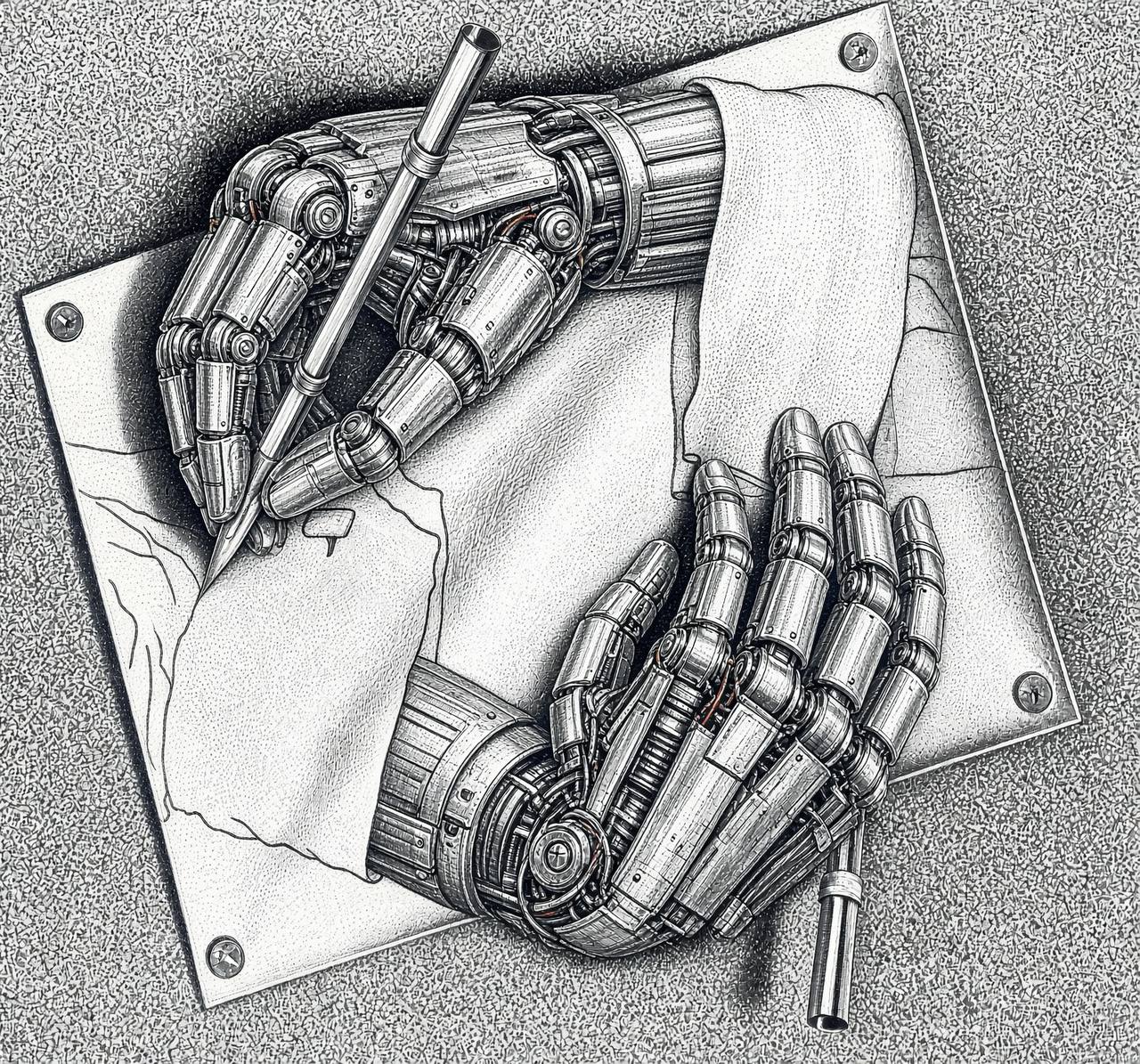 Two robotic hands drawing each other, in the style of M.C. Escher's Drawing Hands